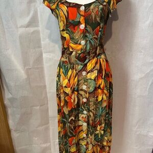 Vibrant Tropical Button-Down Midi Dress